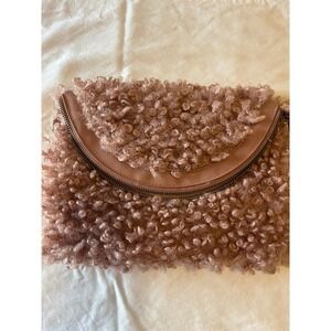 Fuzzy Sherpa Clutch Purse with Wristlet Strap in Mauve Pink
